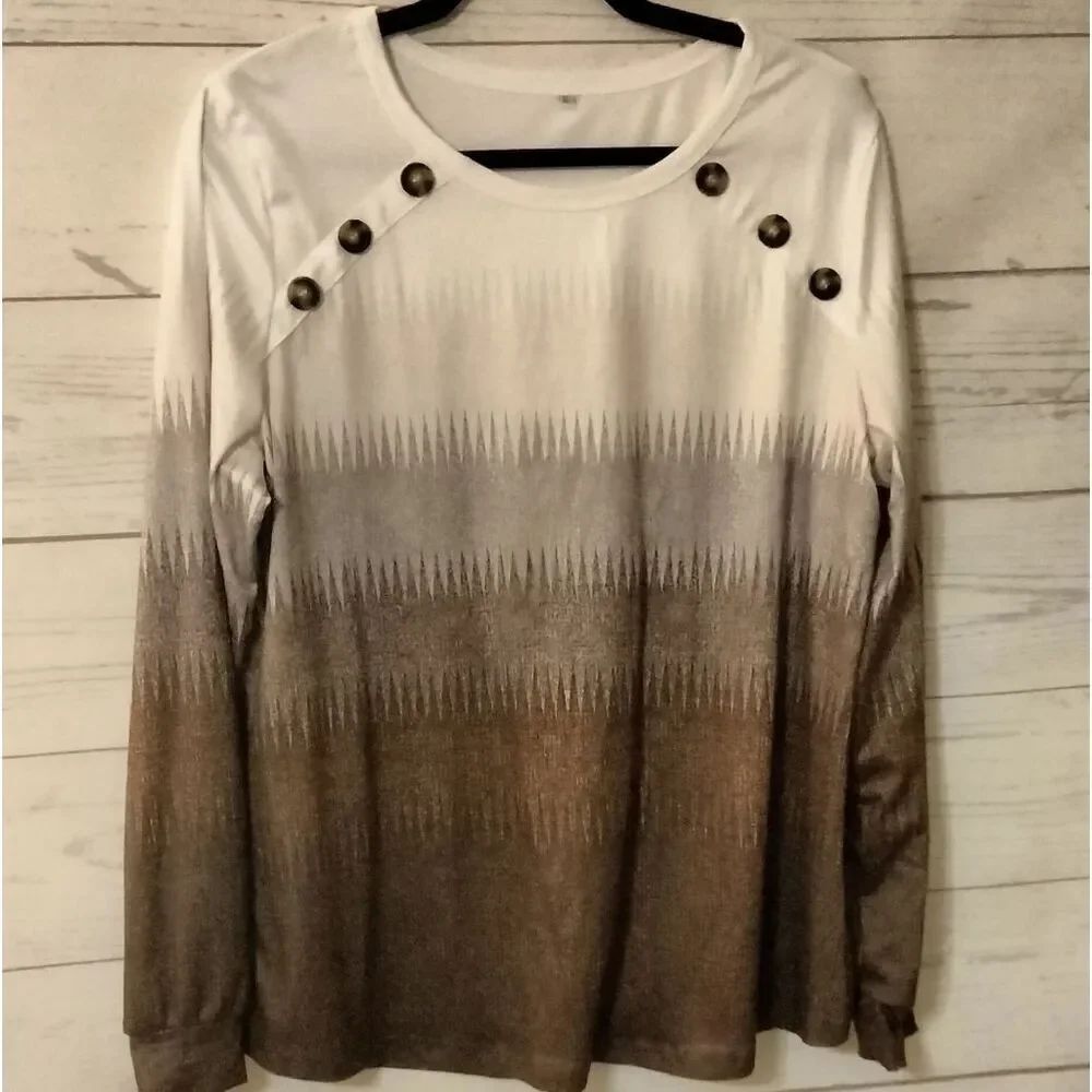 No Brand- Brown and Cream Long Sleeve Top with Button Accents